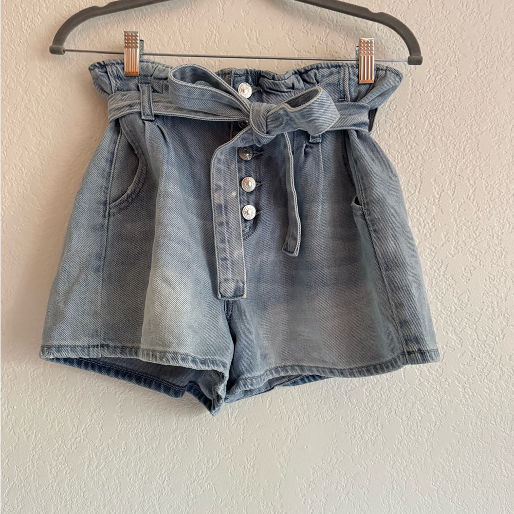 Women's Blue Denim Paperbag Shorts